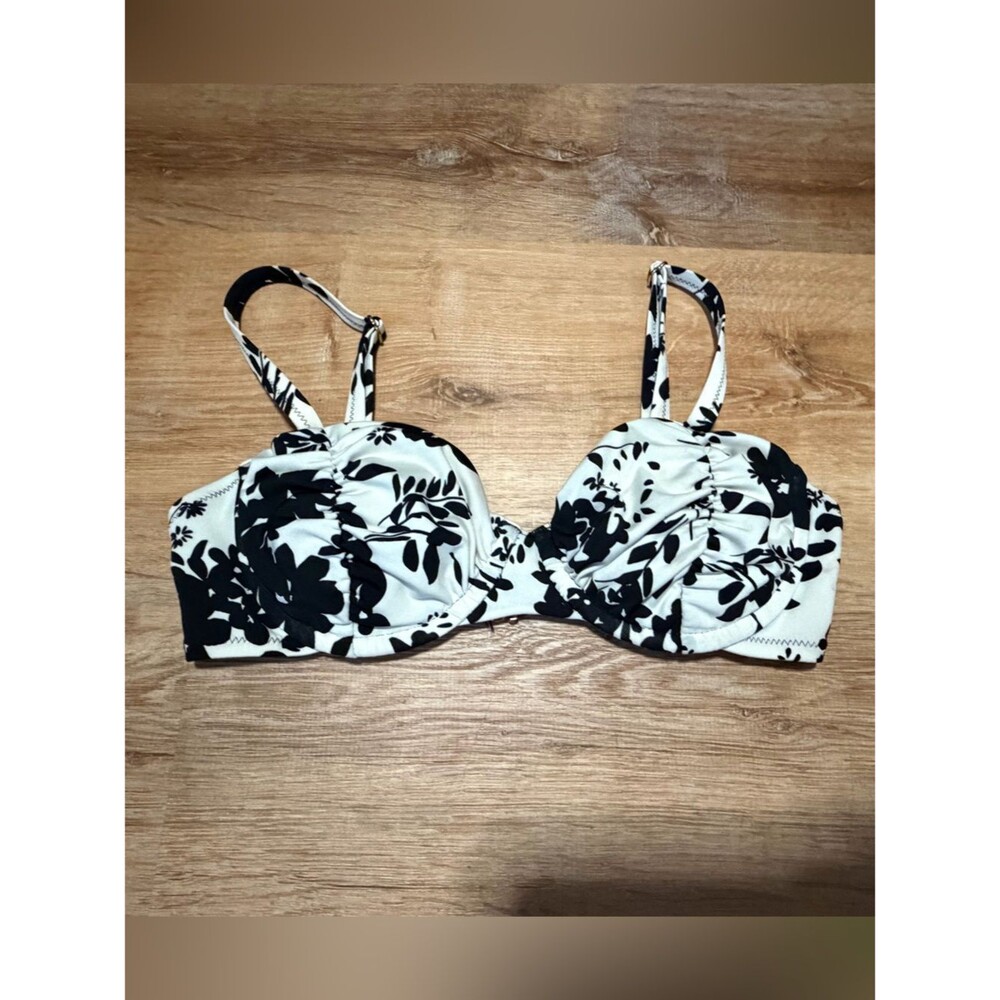 Lands' End Black and White Floral Ruched Bikini Bra Top